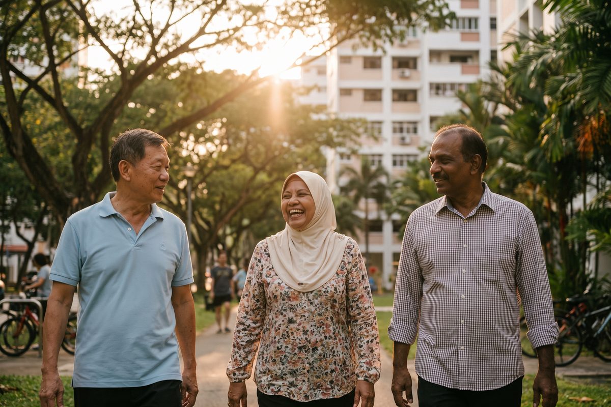 Three older Singaporeans walking together and laughing along a park connector beside HDB blocks at golden hour