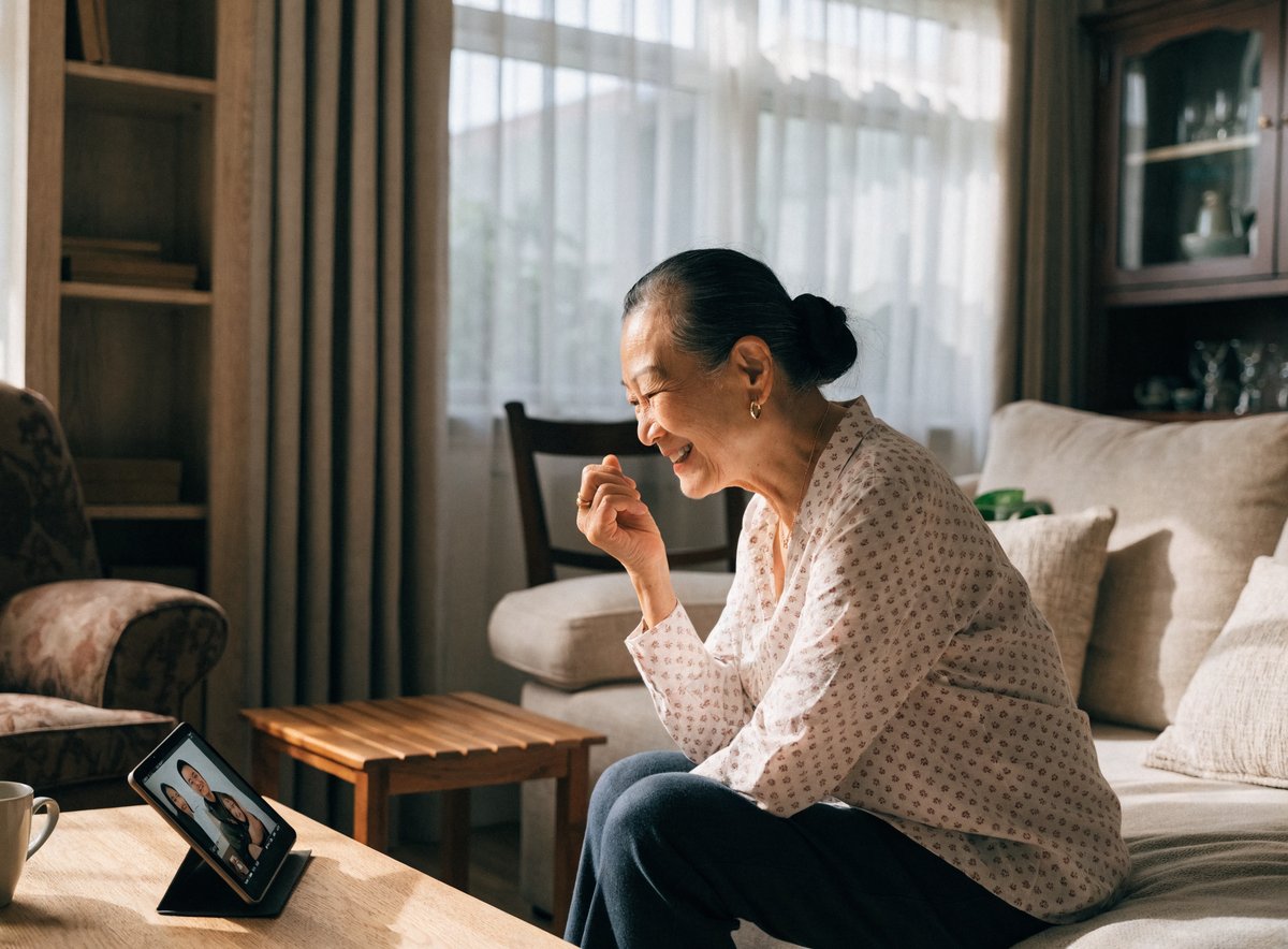 An older woman smiling during a warm video call with family on a tablet