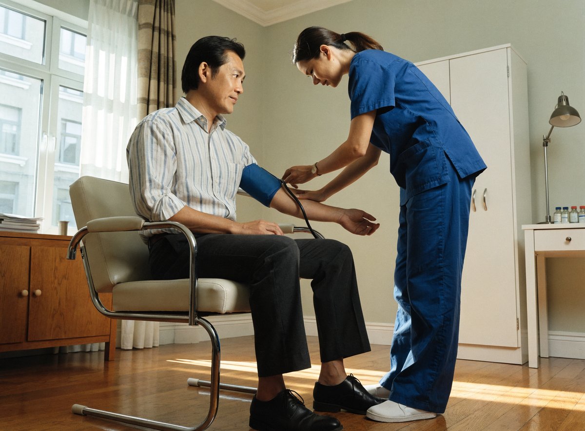 A middle-aged Asian man having his blood pressure checked during a health screening
