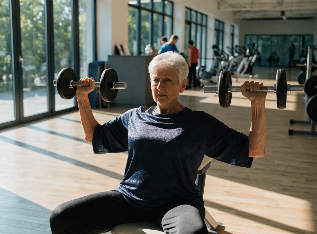 A confident older woman performing a seated dumbbell shoulder press in a bright community gym