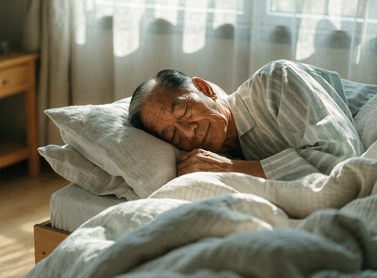 An older man sleeping peacefully in a sunlit bedroom
