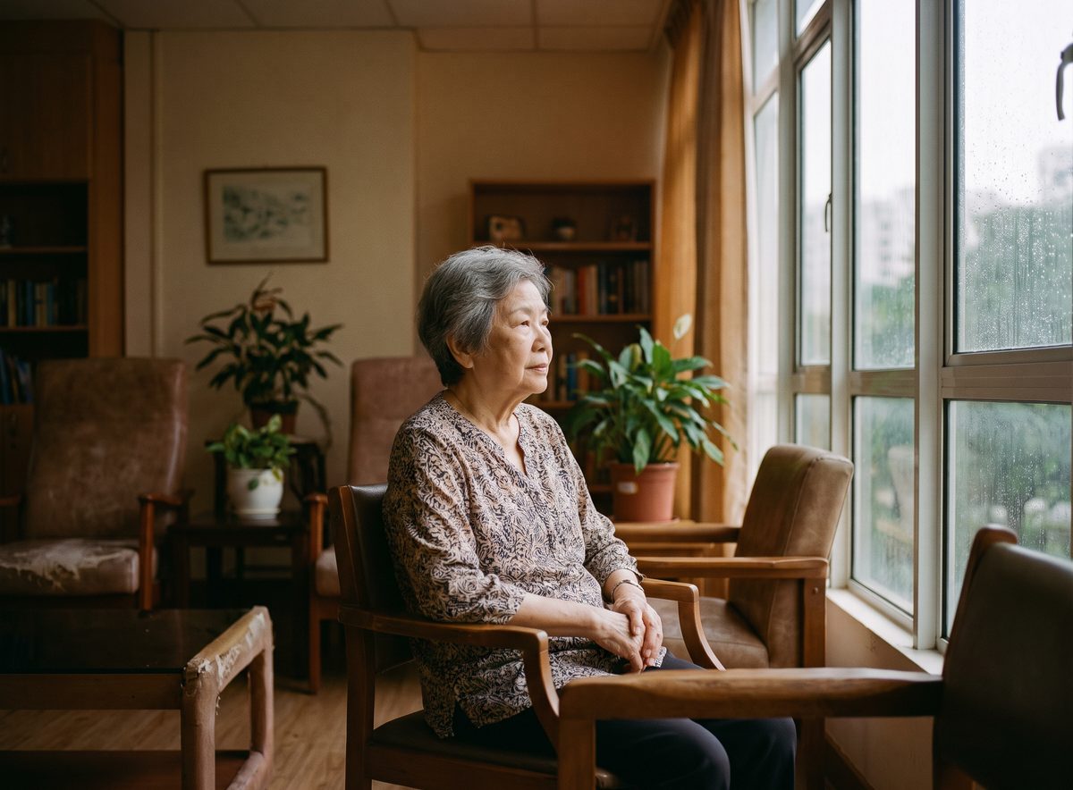 An older Singaporean woman sitting by a window in a quiet day room, looking out toward the light