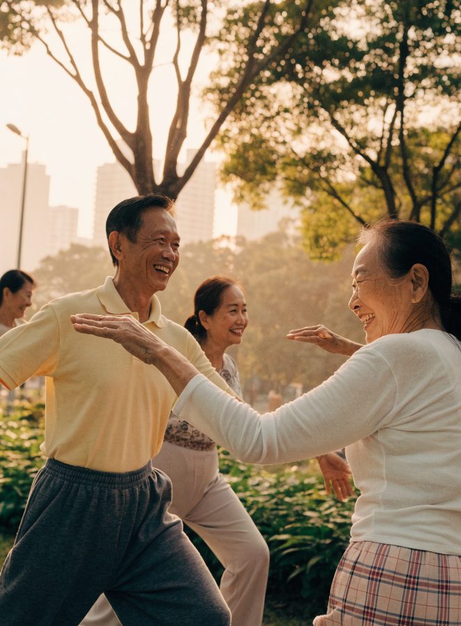 A group of older Singaporeans practising tai chi together in a park