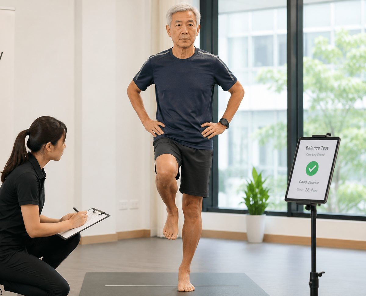 An older man balancing on one leg during a one-leg stand balance test, watched by a coach recording his score on a clipboard beside a tablet showing a Good Balance result