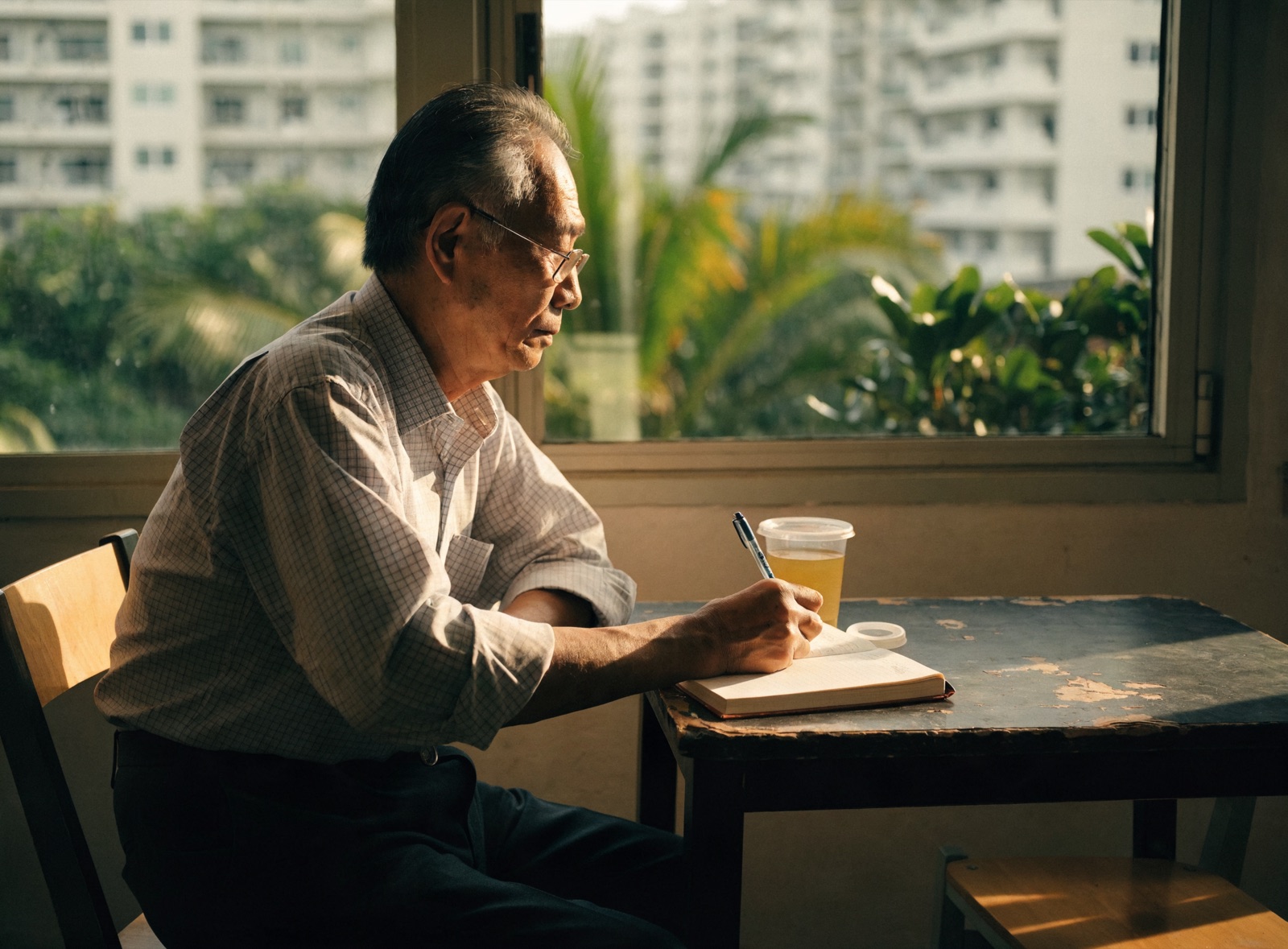 An older man sitting by a window in an HDB flat, writing thoughtfully in a notebook as he reflects on his preferred future