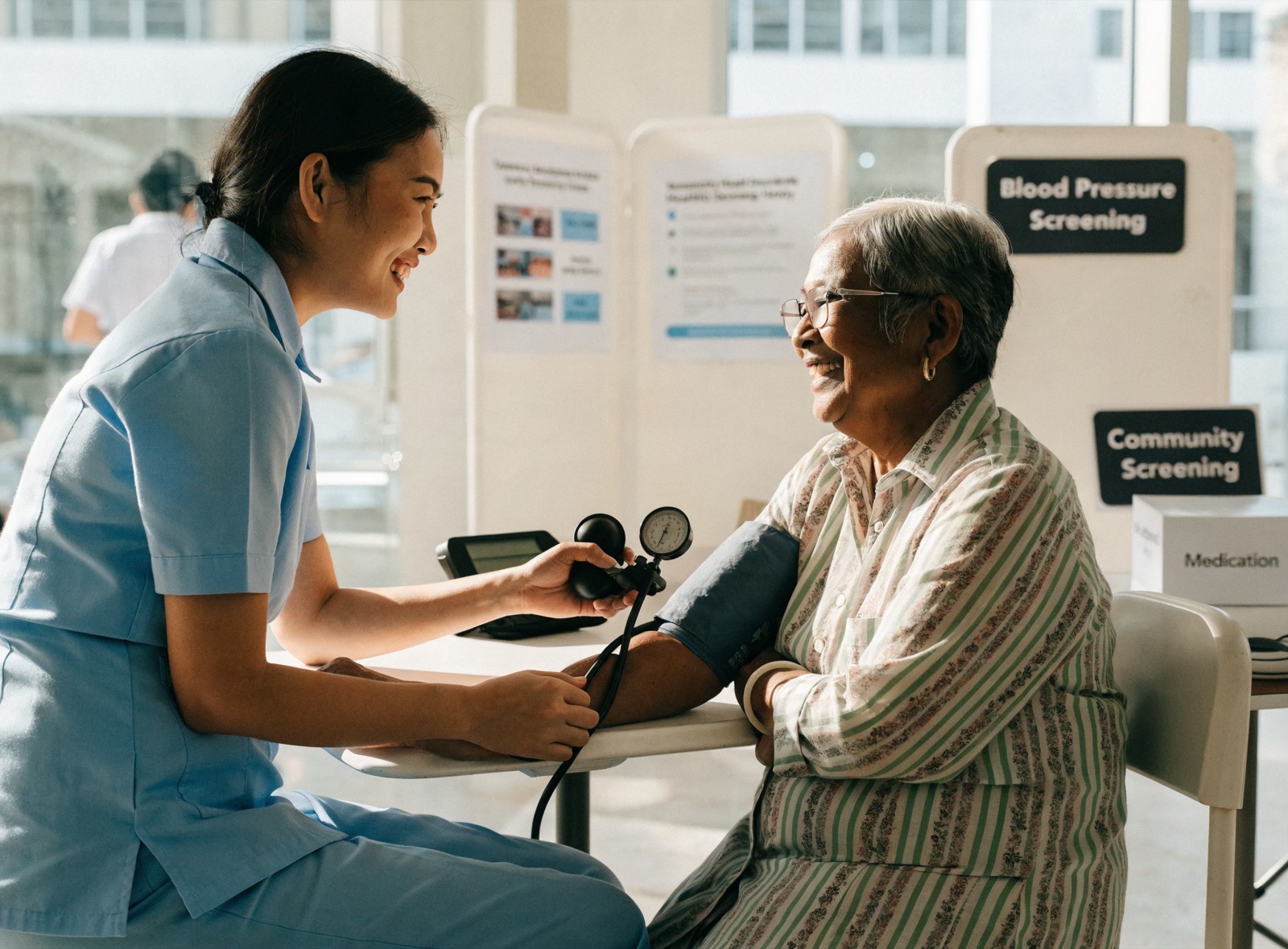 A nurse smiling with an older woman while checking her blood pressure at a community health screening in Singapore