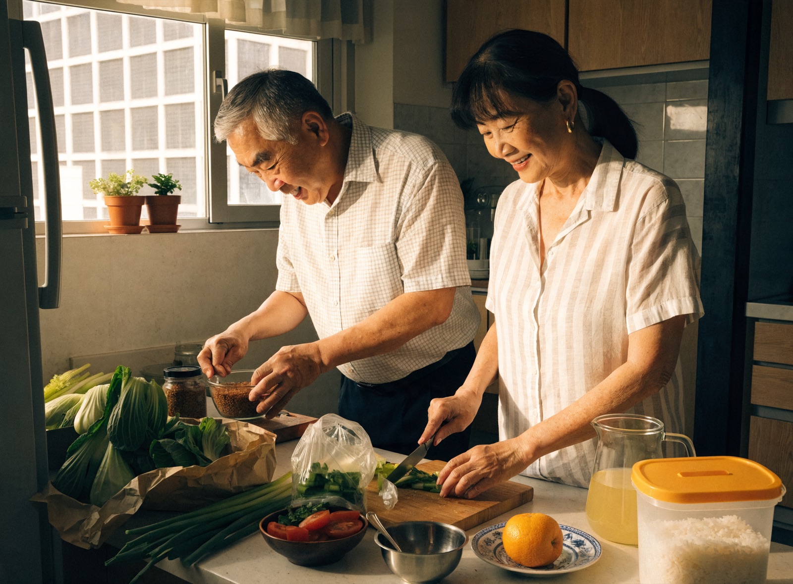 An older couple preparing a healthy meal together in their HDB kitchen, with fresh vegetables and fruit on the counter