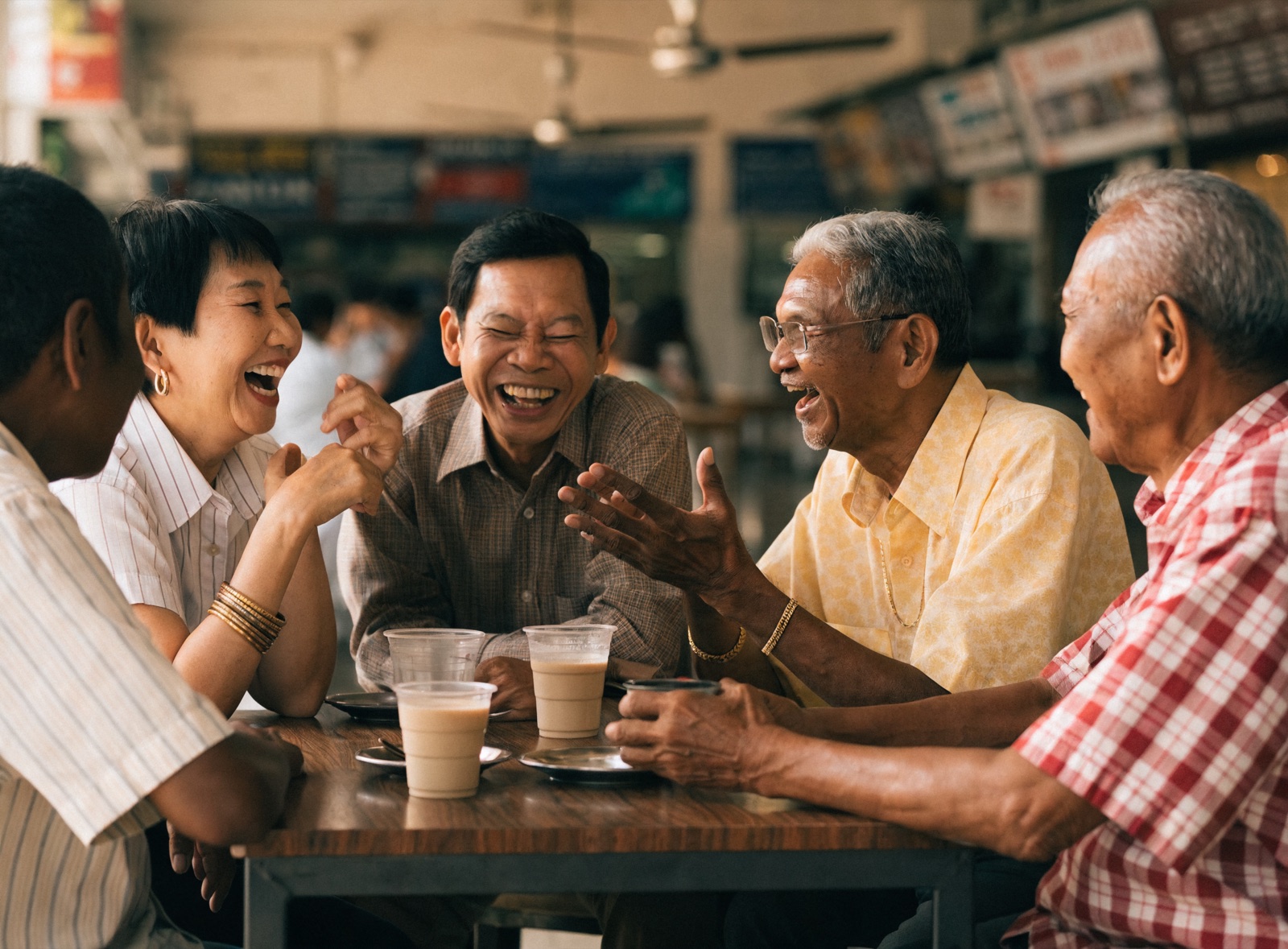 A group of older friends laughing together over kopi at a hawker centre table in Singapore
